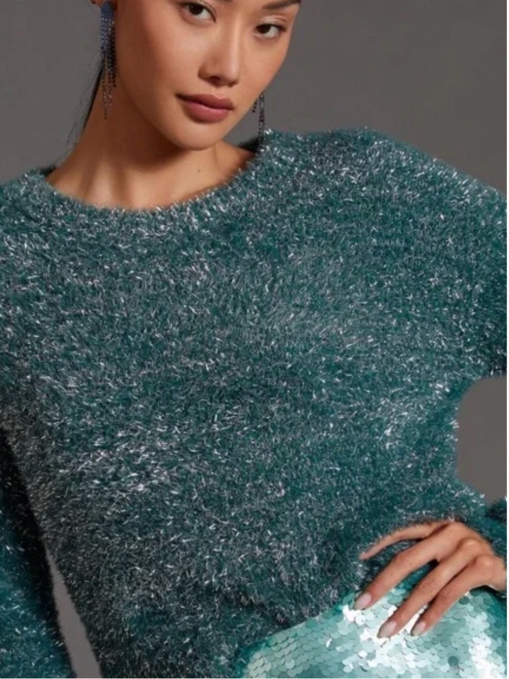 Maeve Anthropologie Eyelash Tinsel Pullover Sweater in green and silver